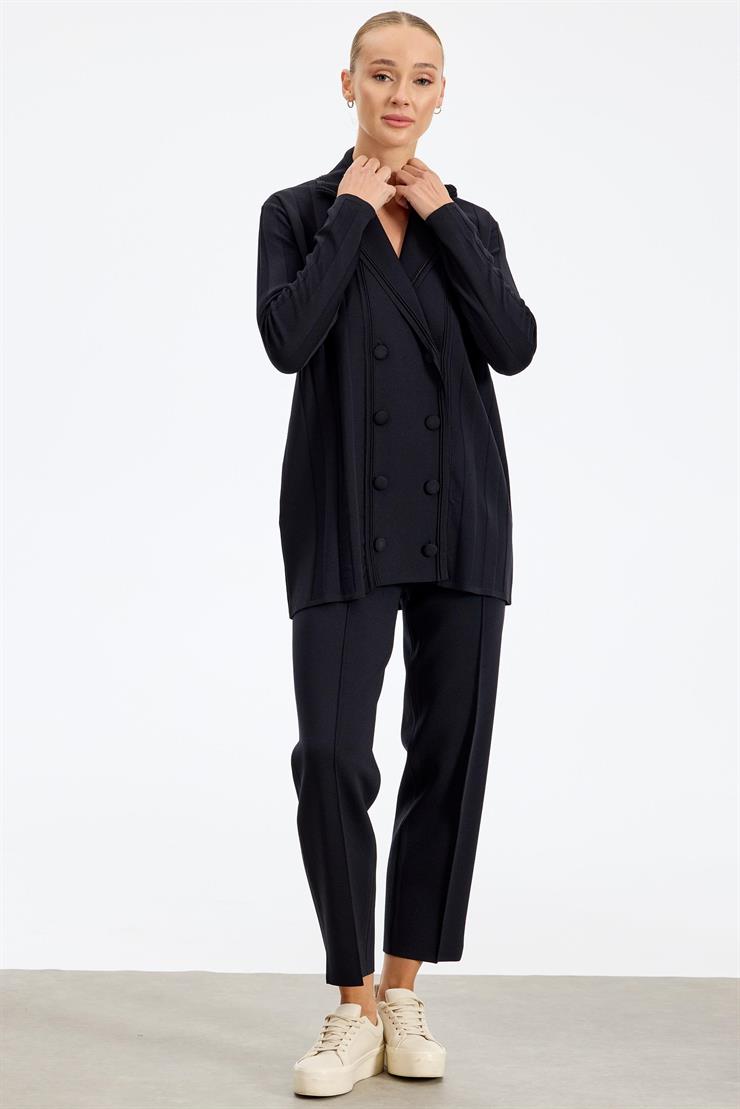 Kruvaze Düğmeli Rayon Takım SİYAH