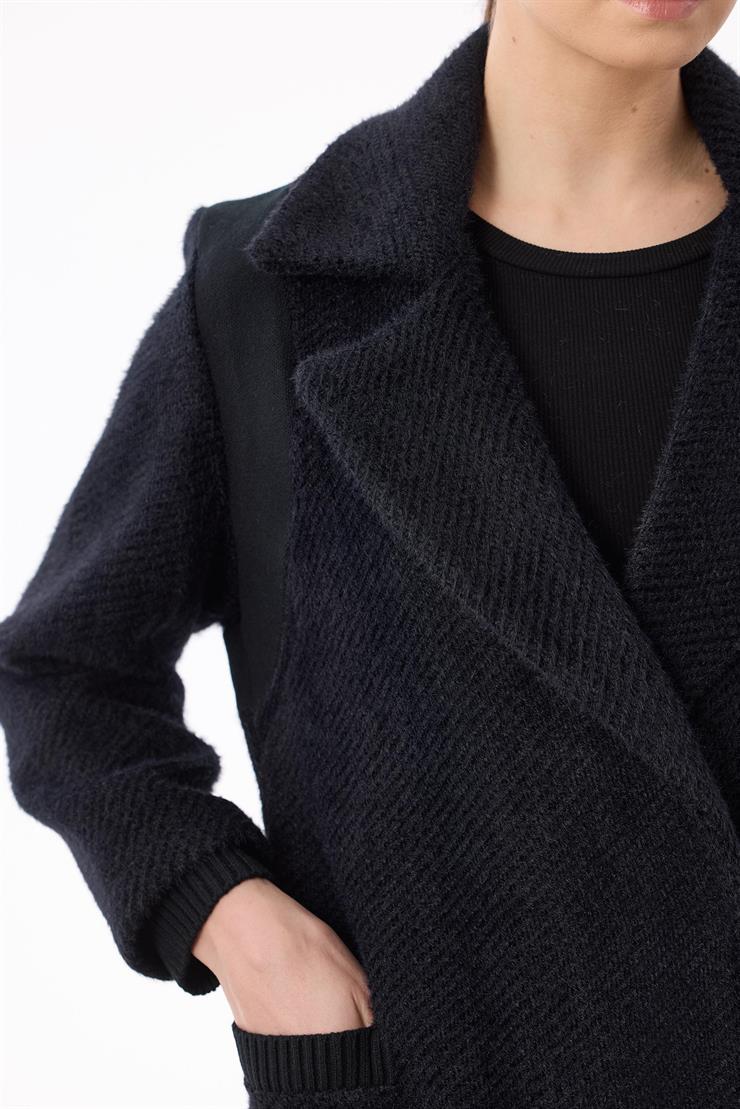 Kruvaze Gizli Çıtçıtlı Triko Kombinli Kaban SİYAH