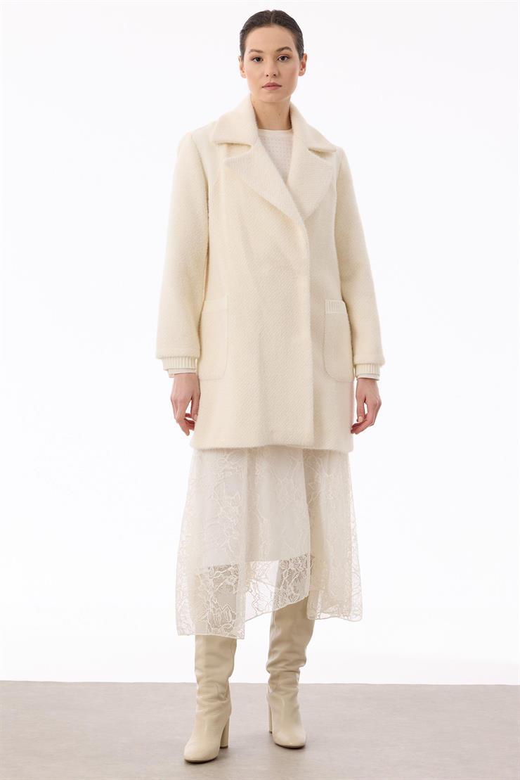 Kruvaze Gizli Çıtçıtlı Triko Kombinli Kaban EKRU