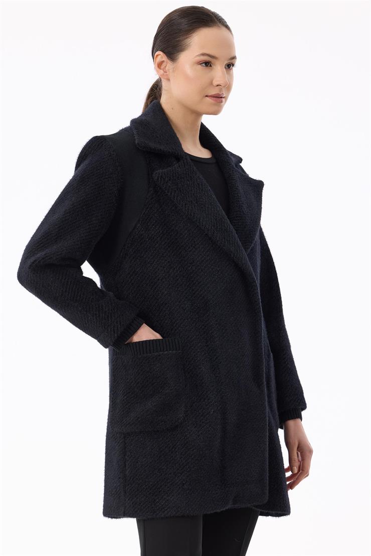 Kruvaze Gizli Çıtçıtlı Triko Kombinli Kaban SİYAH