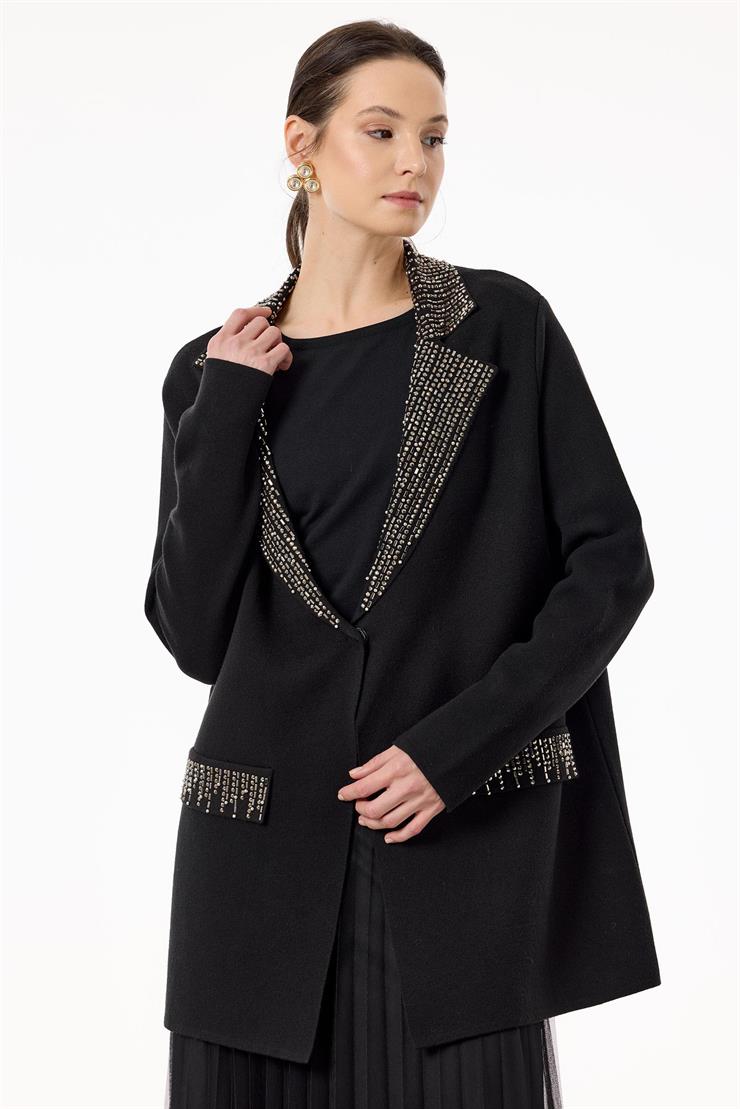 Kruvaze Yaka Cepli Triko Ceket SİYAH