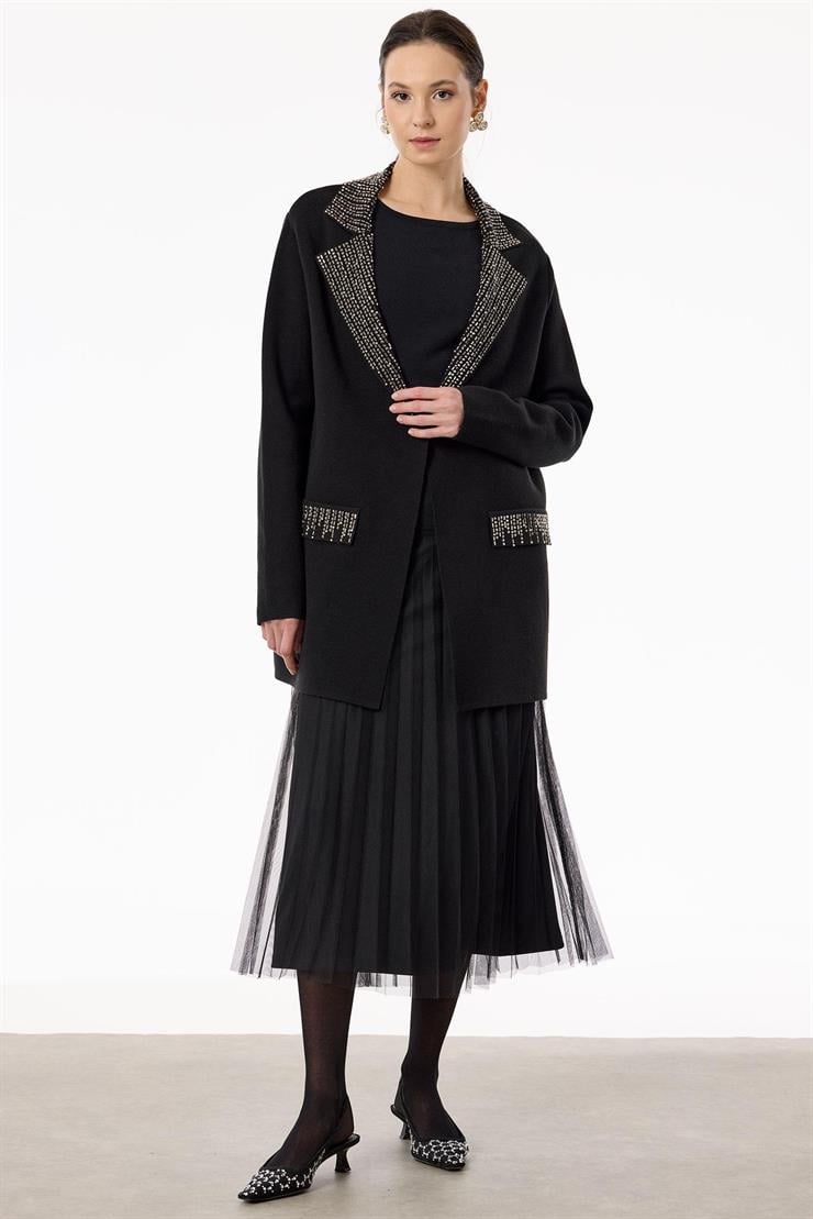 Kruvaze Yaka Cepli Triko Ceket SİYAH