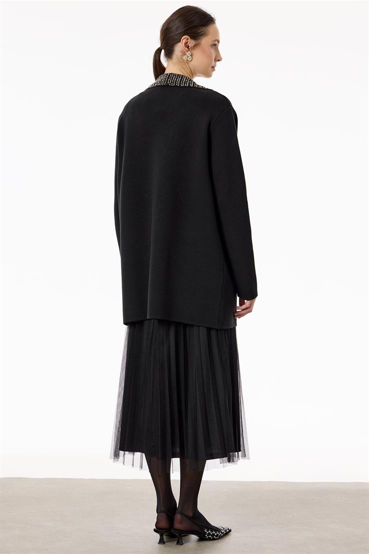 Kruvaze Yaka Cepli Triko Ceket SİYAH