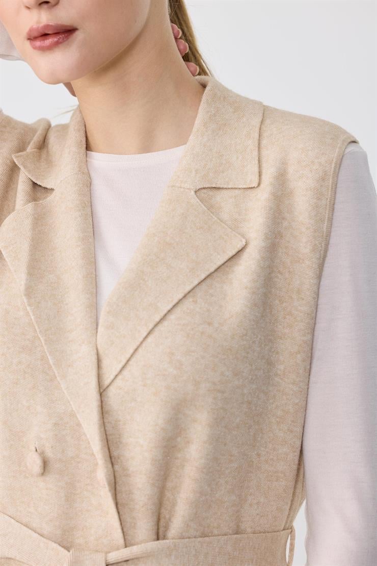 Kruvaze Yaka Düğmeli Triko Yelek BEJ