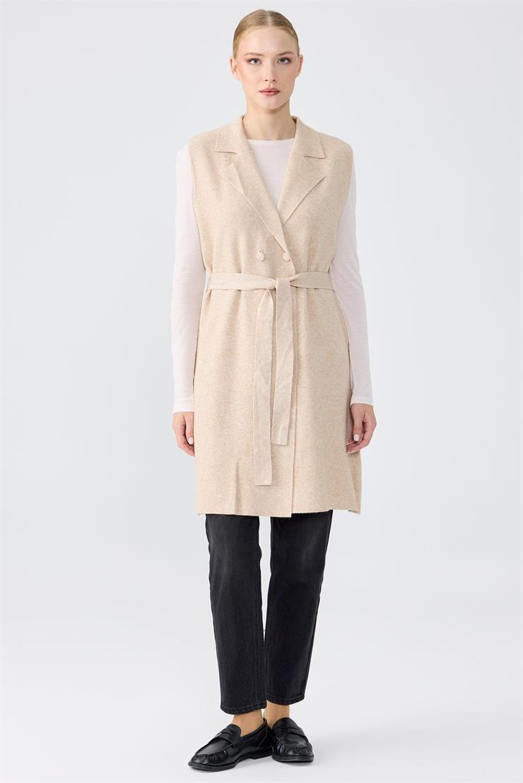 Kruvaze Yaka Düğmeli Triko Yelek BEJ