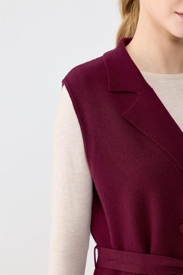 Kruvaze Yaka Düğmeli Triko Yelek BORDO
