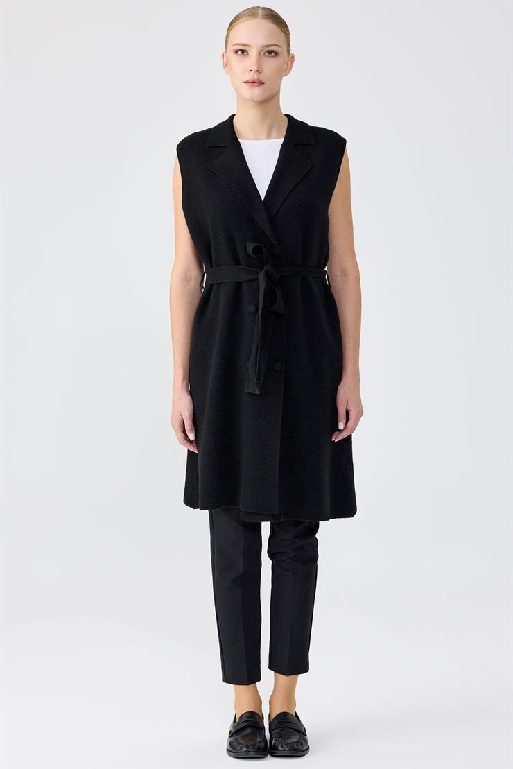 Kruvaze Yaka Düğmeli Triko Yelek SİYAH