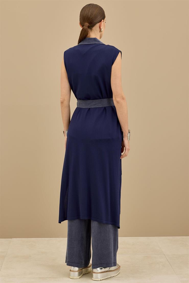 Kumaş Garnili Kemerli Uzun Triko Yelek LACİVERT