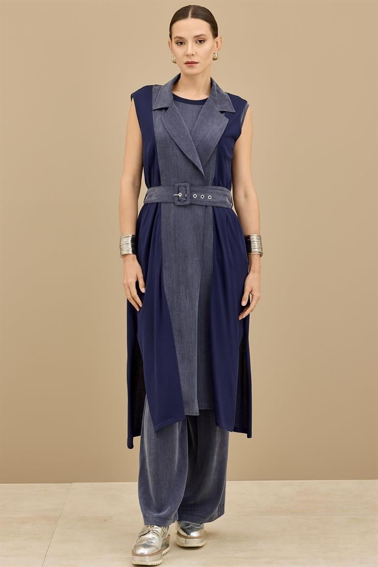 Kumaş Garnili Kemerli Uzun Triko Yelek LACİVERT