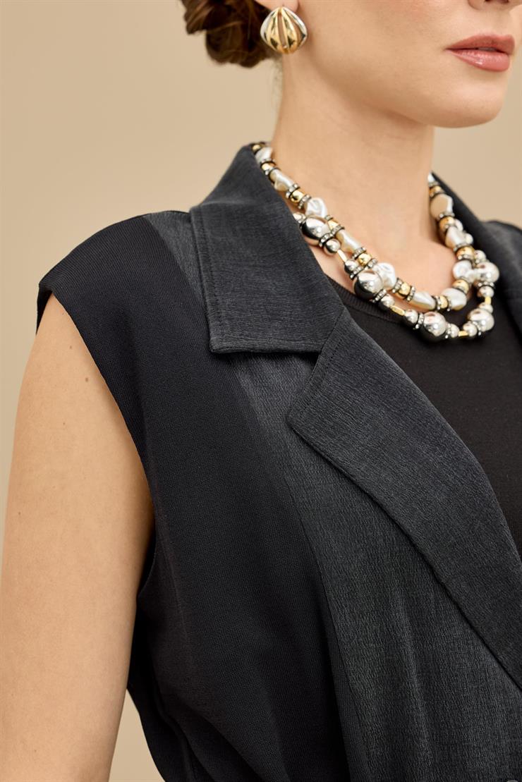 Kumaş Garnili Kemerli Uzun Triko Yelek SİYAH