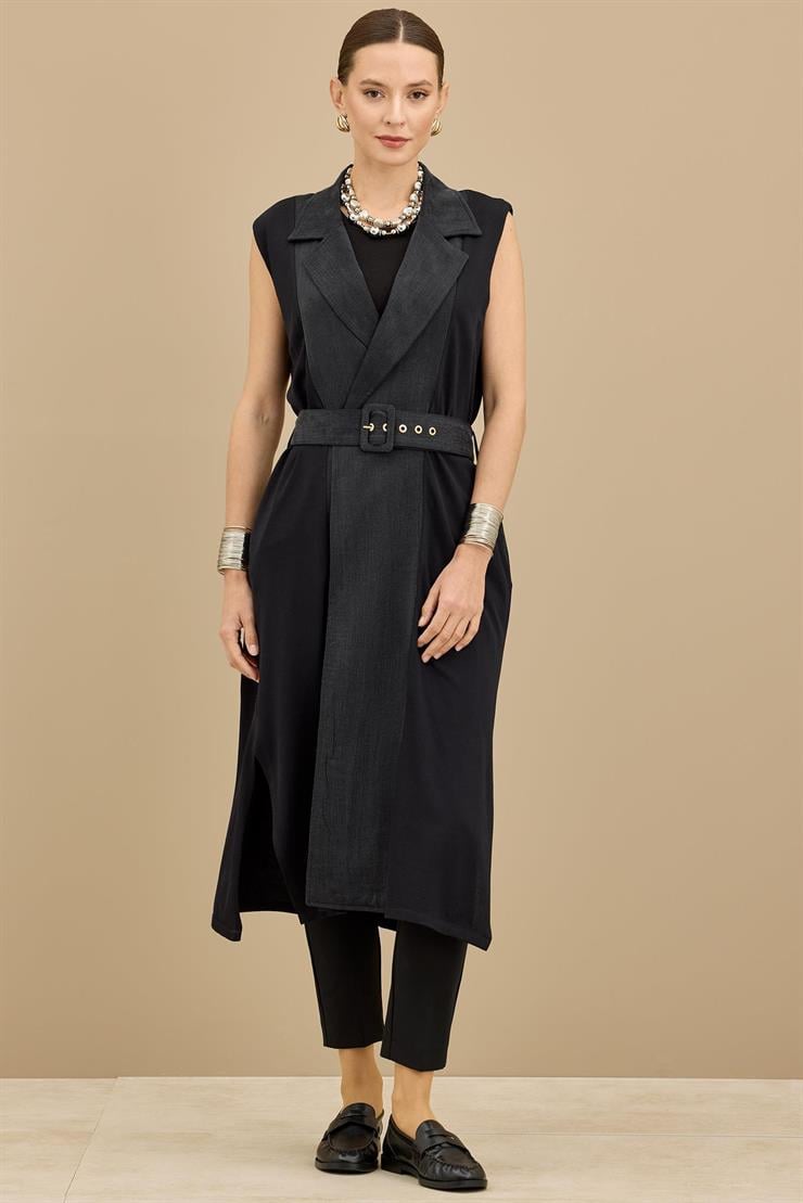 Kumaş Garnili Kemerli Uzun Triko Yelek SİYAH