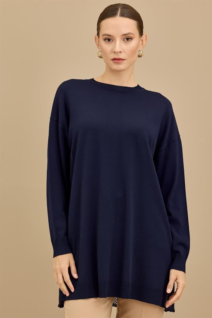 Kumaş Garnili Triko Tunik LACİVERT