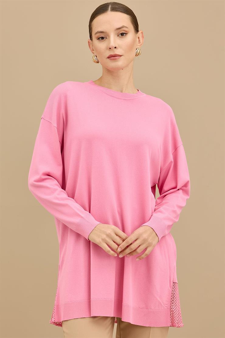 Kumaş Garnili Triko Tunik PEMBE