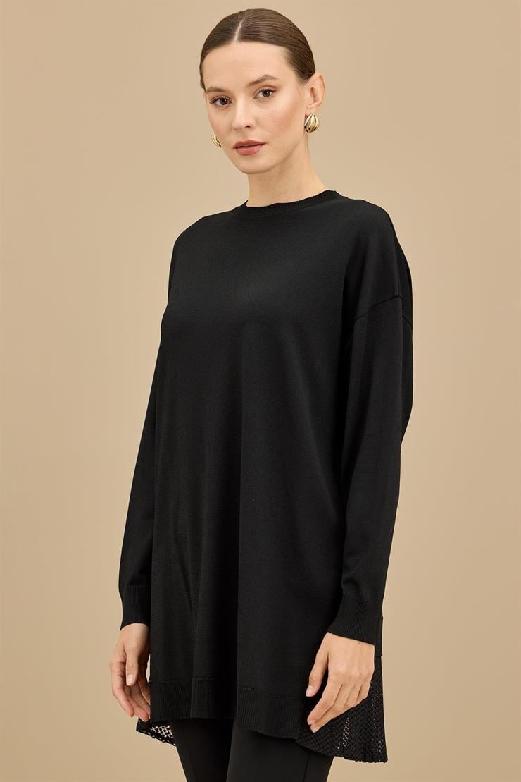 Kumaş Garnili Triko Tunik SİYAH