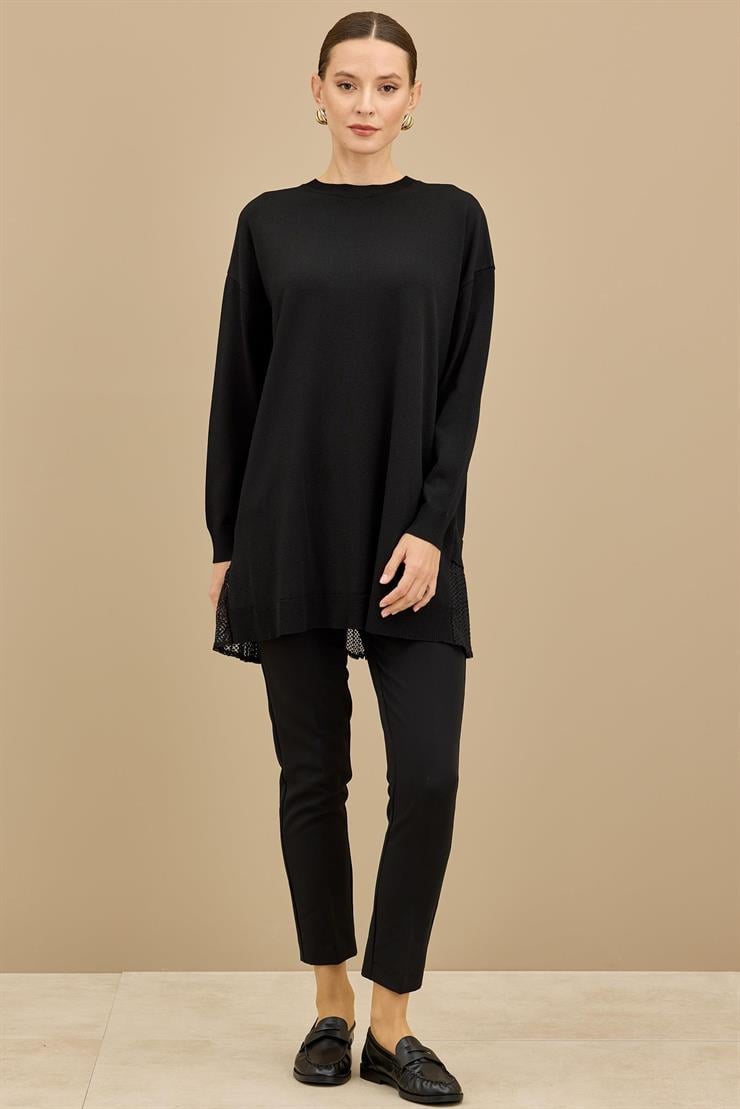 Kumaş Garnili Triko Tunik SİYAH