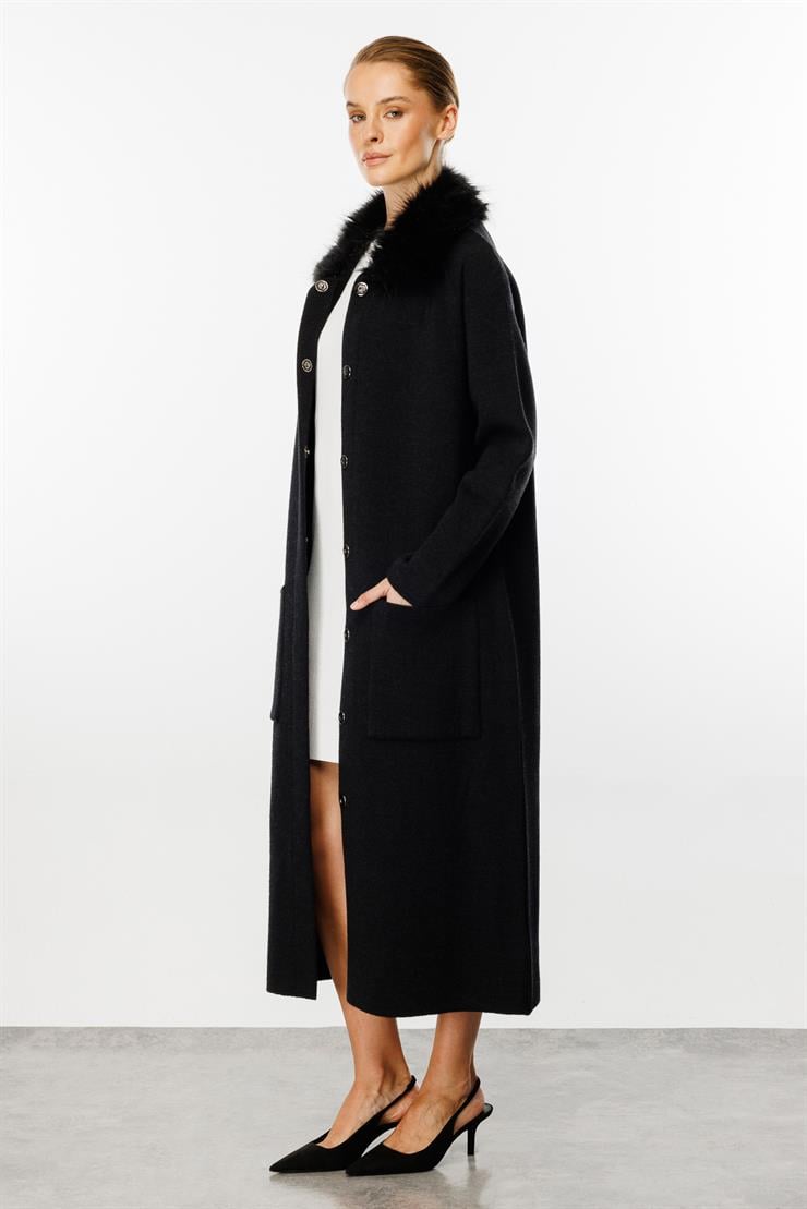 Kürk Detaylı Yün Pardesü-SİYAH