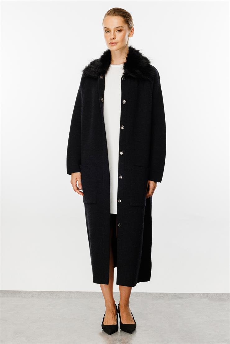 Kürk Detaylı Yün Pardesü-SİYAH