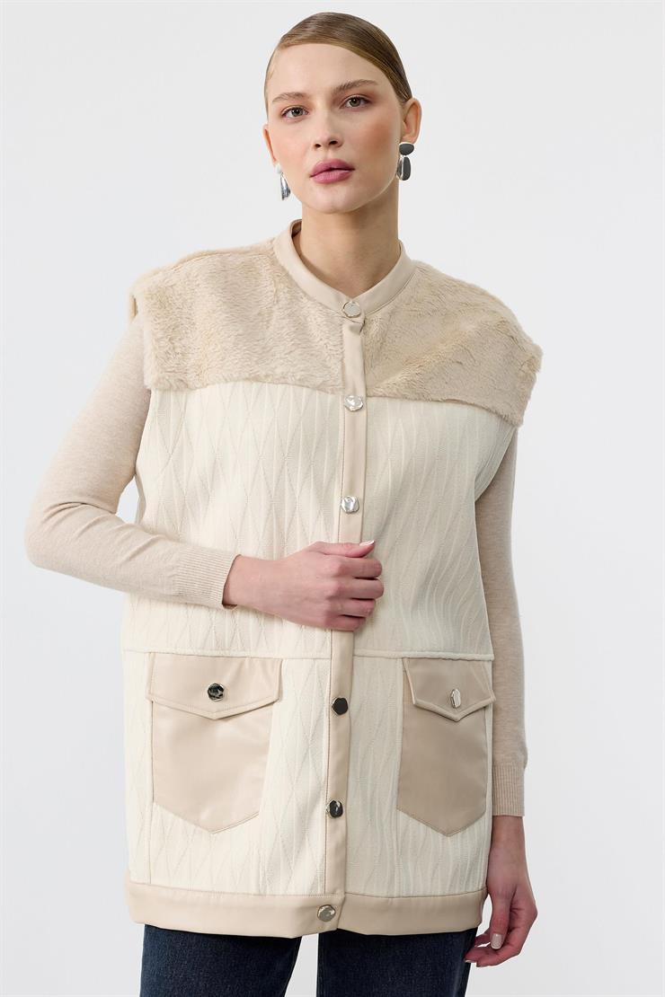 Kürk Kombinli Deri Patlı Ve Cep Detaylı Yelek BEJ