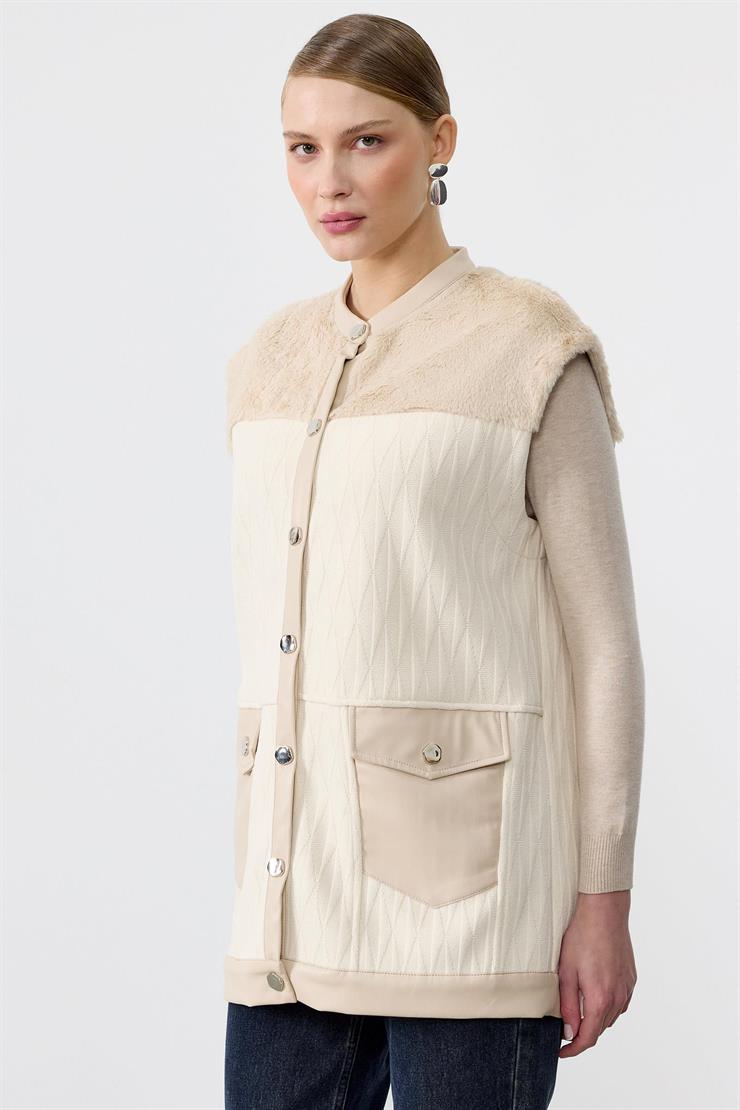 Kürk Kombinli Deri Patlı Ve Cep Detaylı Yelek BEJ