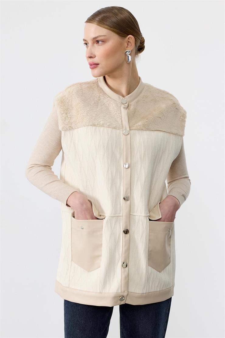 Kürk Kombinli Deri Patlı Ve Cep Detaylı Yelek BEJ