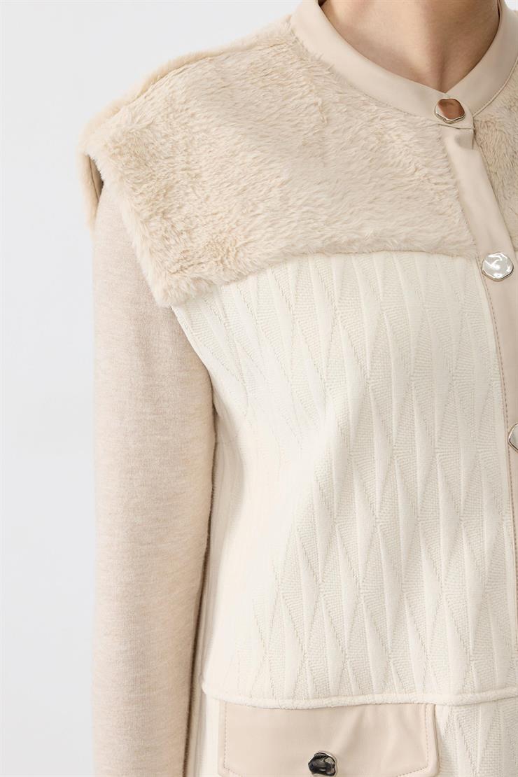 Kürk Kombinli Deri Patlı Ve Cep Detaylı Yelek BEJ