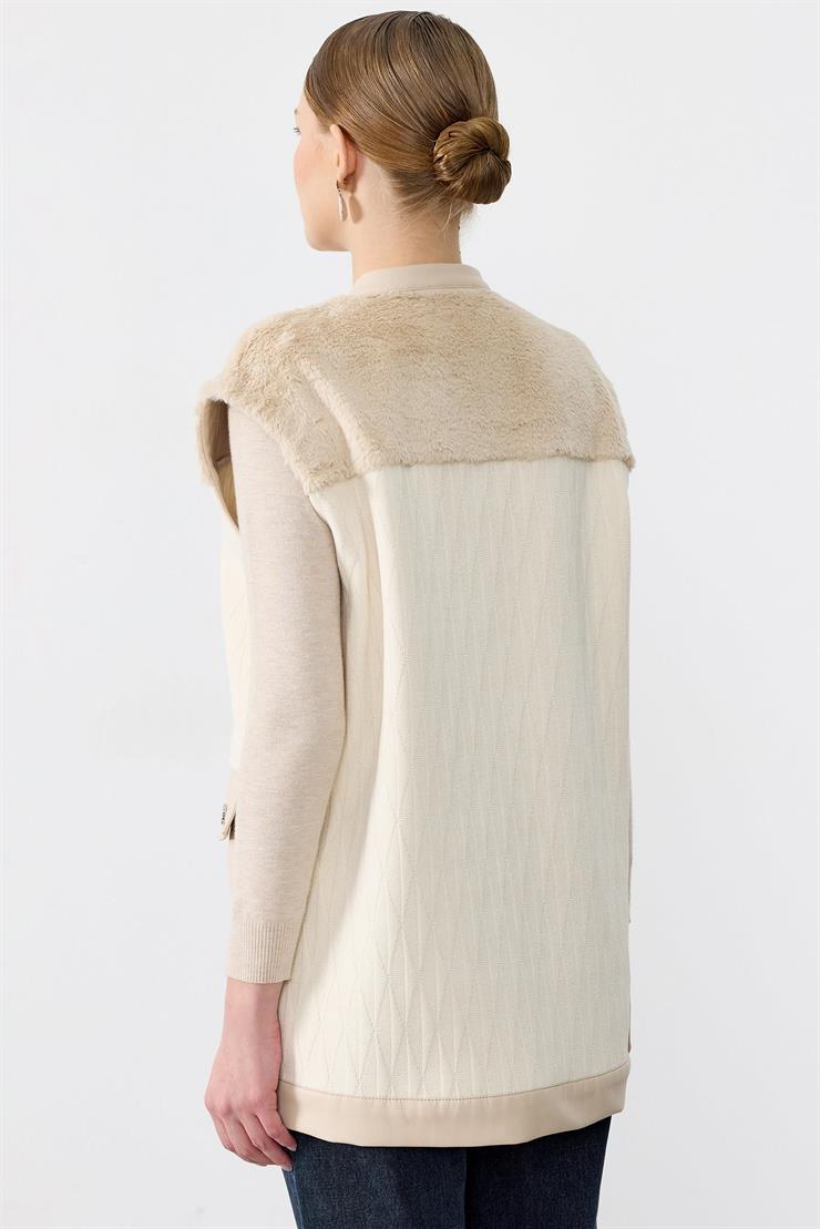 Kürk Kombinli Deri Patlı Ve Cep Detaylı Yelek BEJ