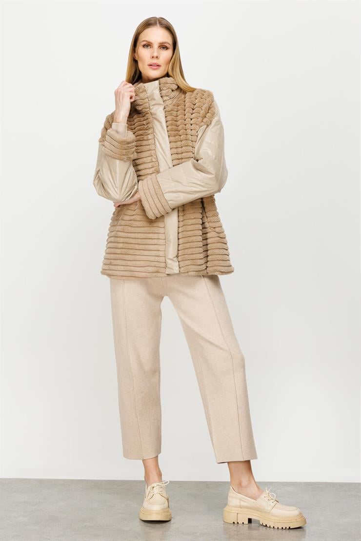 Kürk Kombinli Kapitone Mont-BEJ