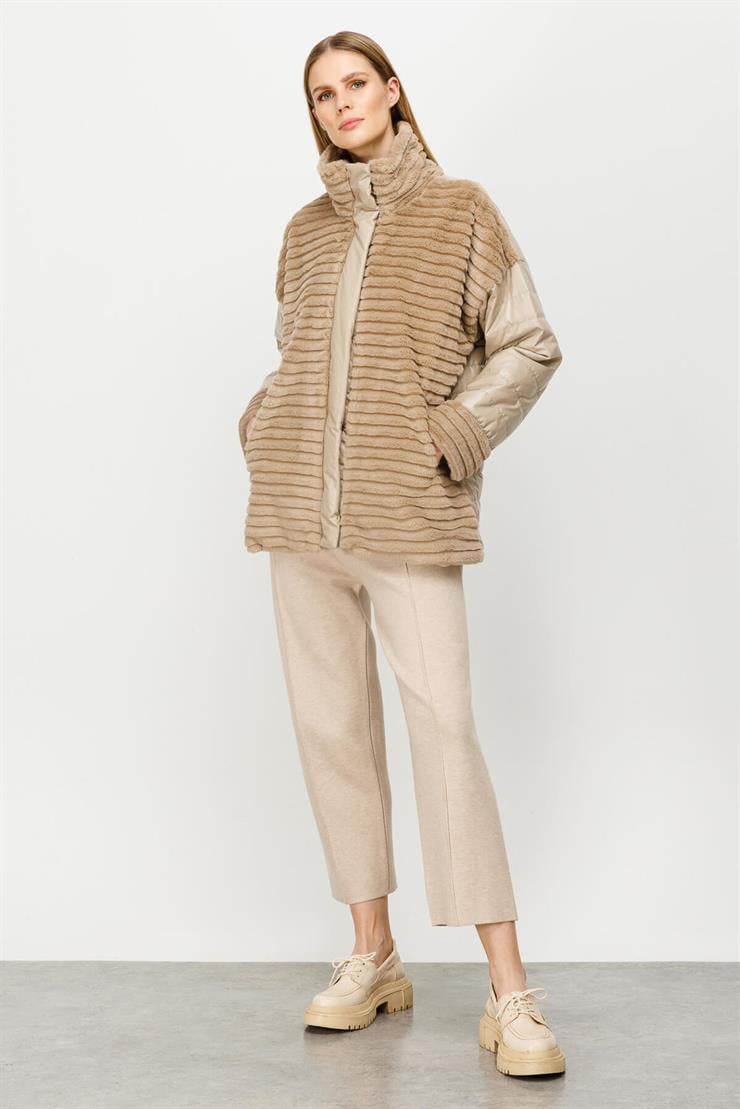 Kürk Kombinli Kapitone Mont-BEJ