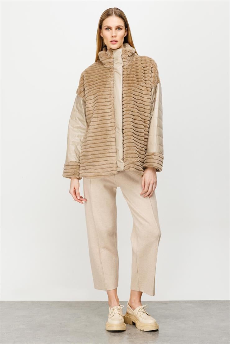 Kürk Kombinli Kapitone Mont-BEJ