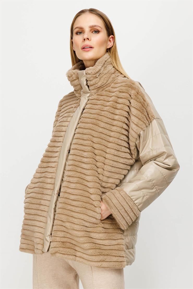 Kürk Kombinli Kapitone Mont-BEJ