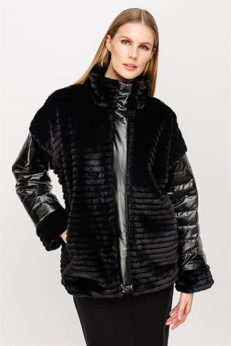 Kürk Kombinli Kapitone Mont-SİYAH