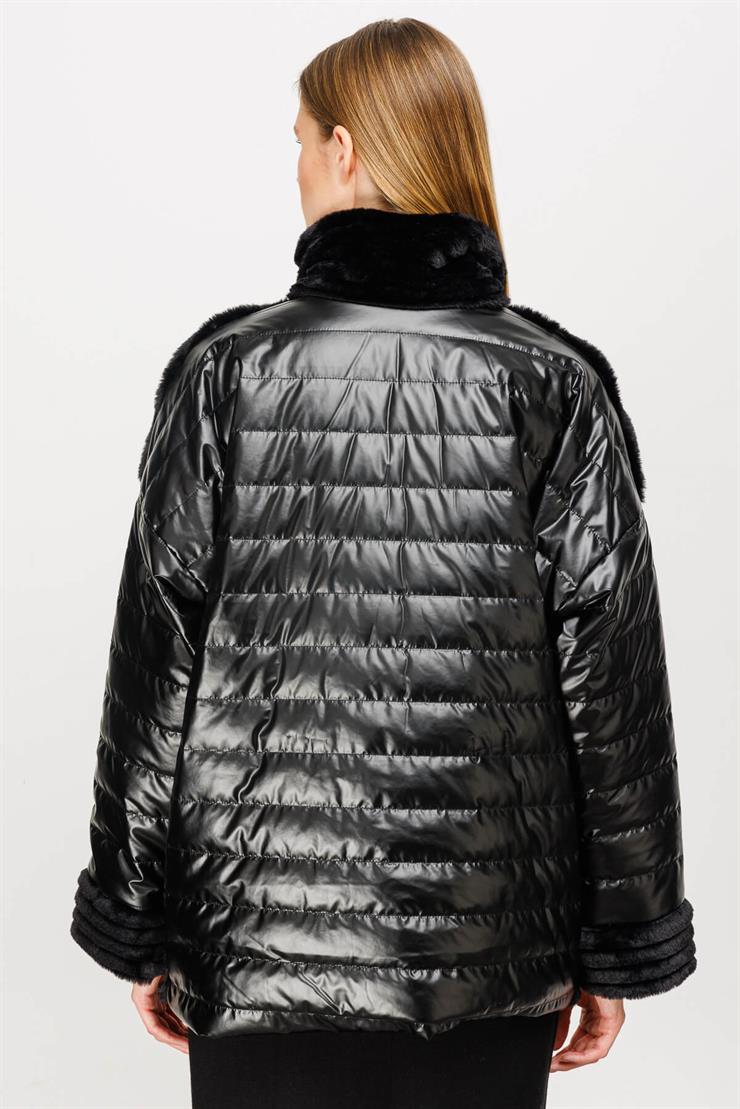 Kürk Kombinli Kapitone Mont-SİYAH