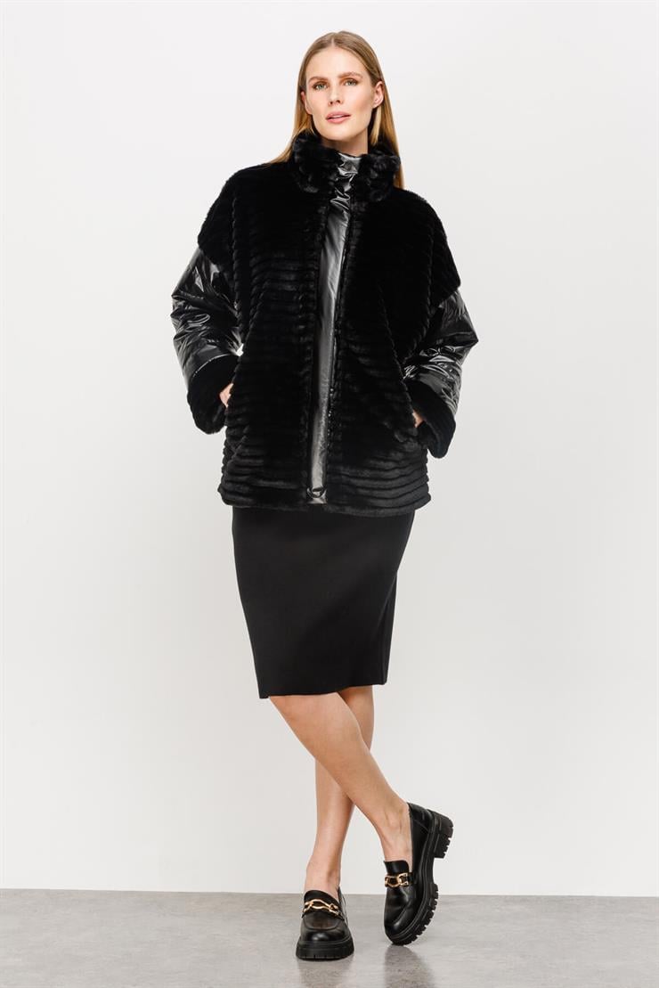 Kürk Kombinli Kapitone Mont-SİYAH