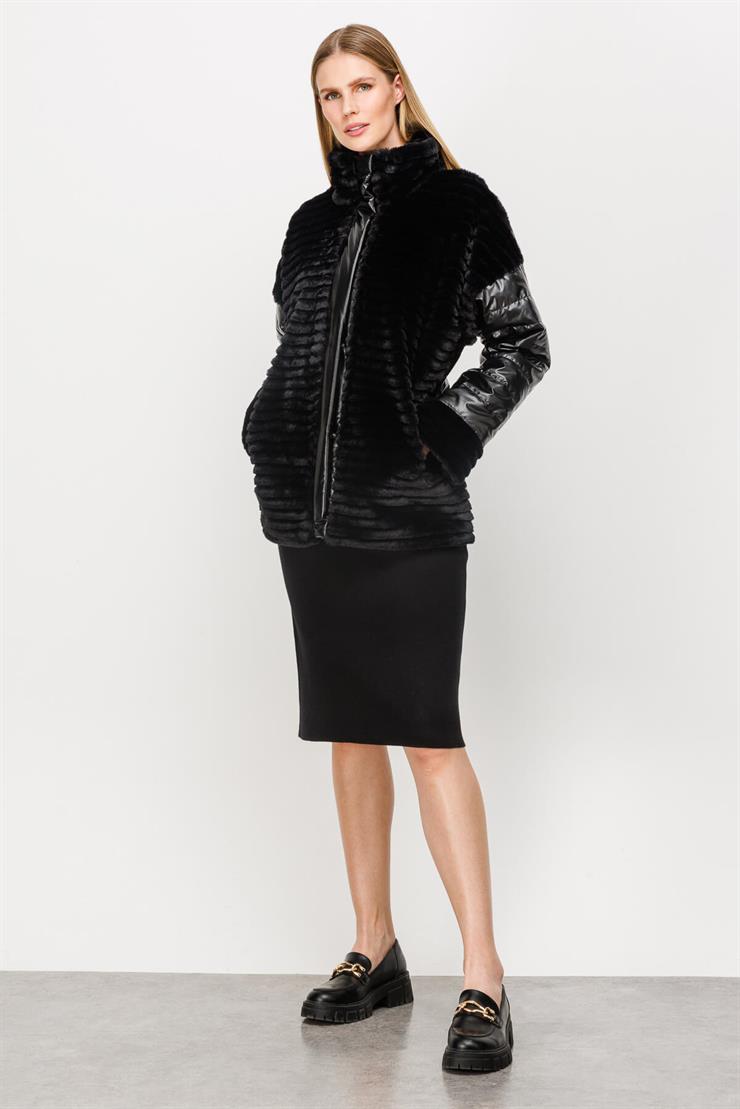 Kürk Kombinli Kapitone Mont-SİYAH