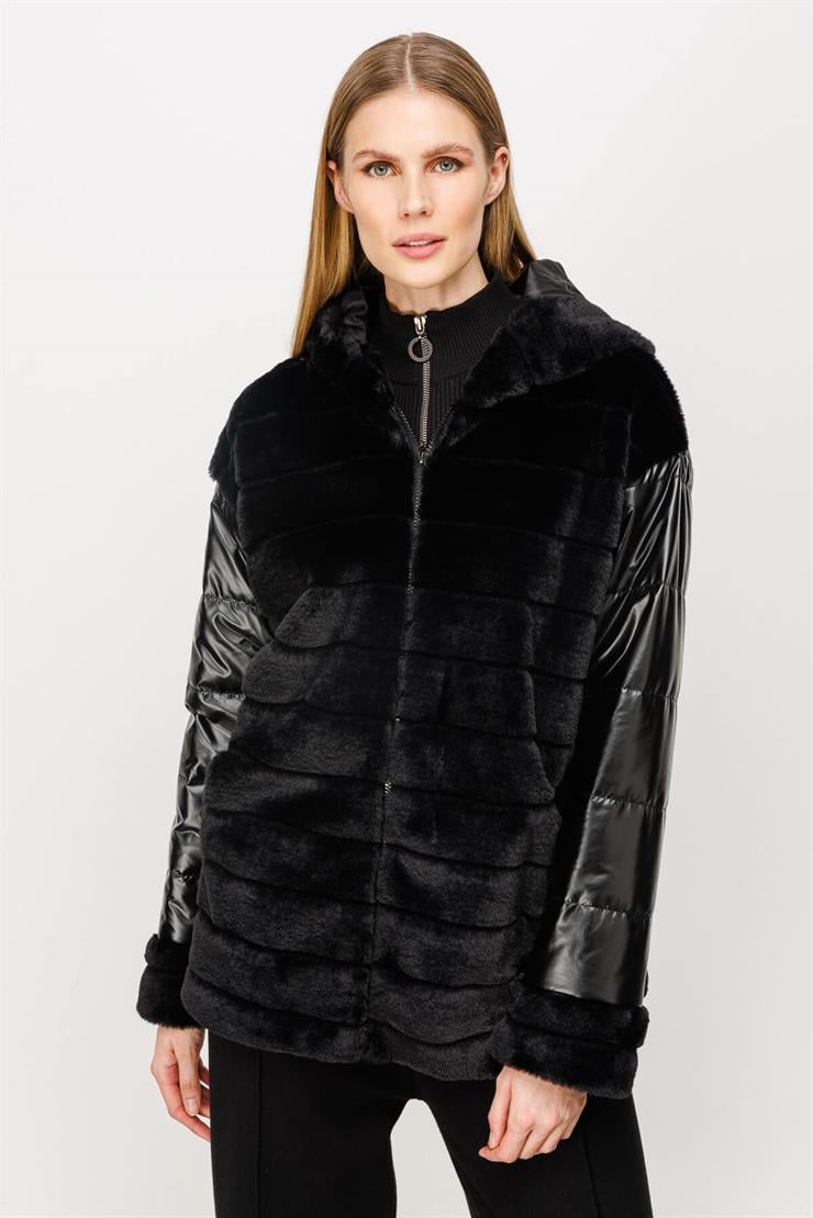 Kürk Ve Kapitoneli Kısa Mont-SİYAH