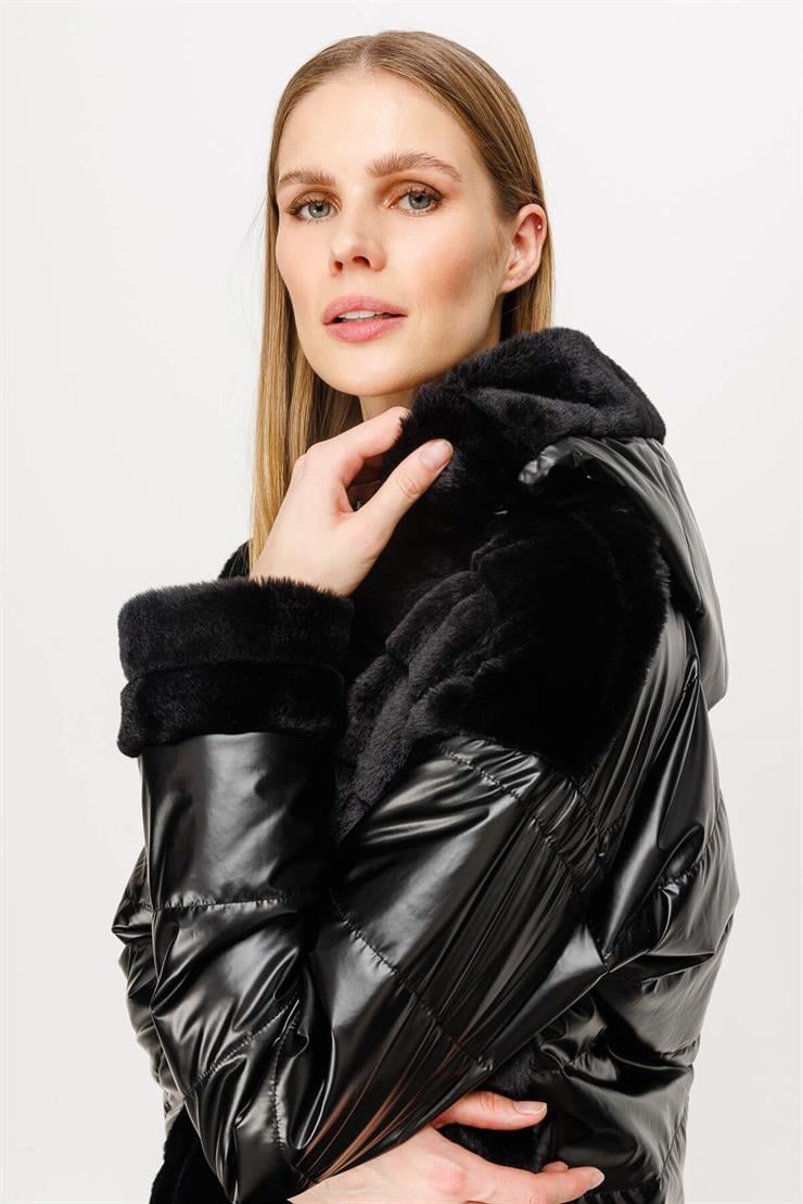 Kürk Ve Kapitoneli Kısa Mont-SİYAH