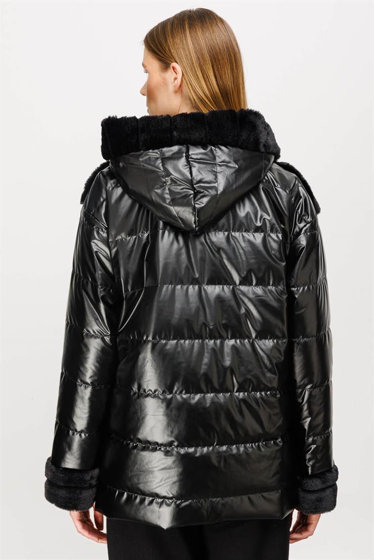 Kürk Ve Kapitoneli Kısa Mont-SİYAH