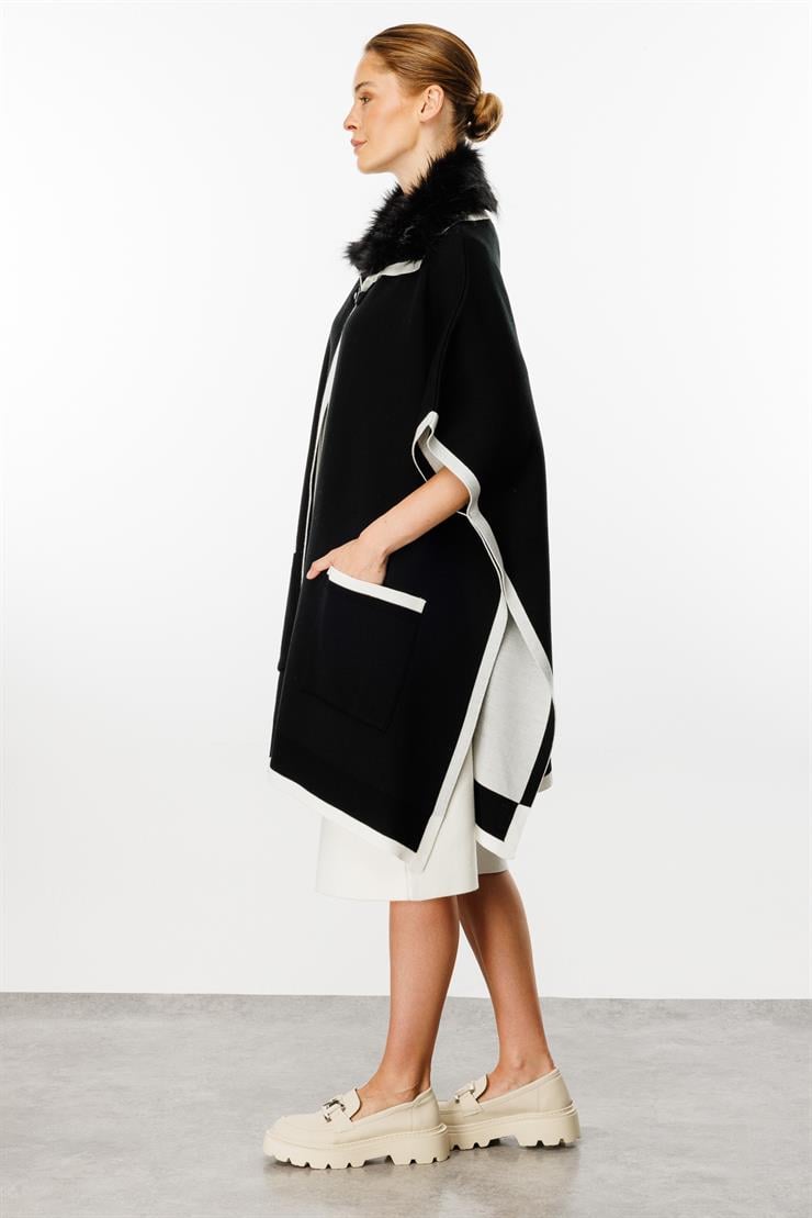 Kürk Yaka Detaylı Panço-Siyah-Ekru