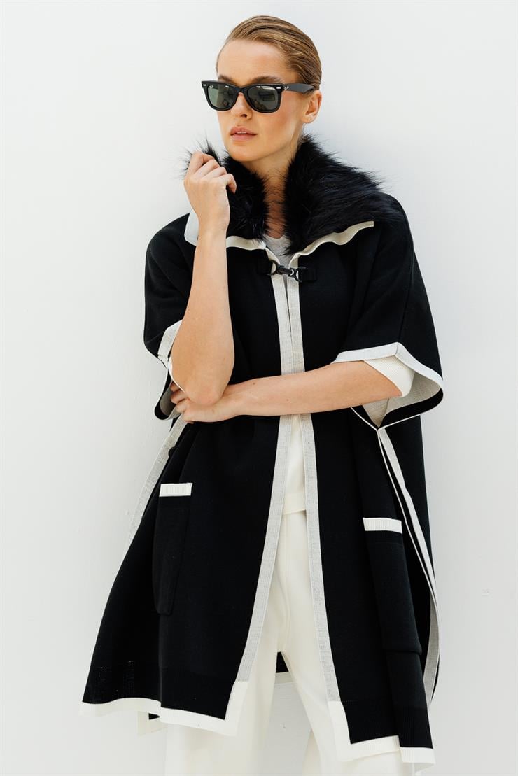 Kürk Yaka Detaylı Panço-Siyah-Ekru