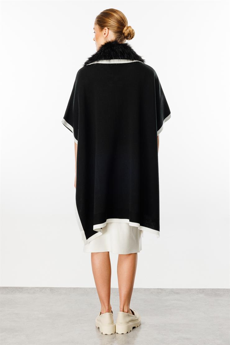 Kürk Yaka Detaylı Panço-Siyah-Ekru