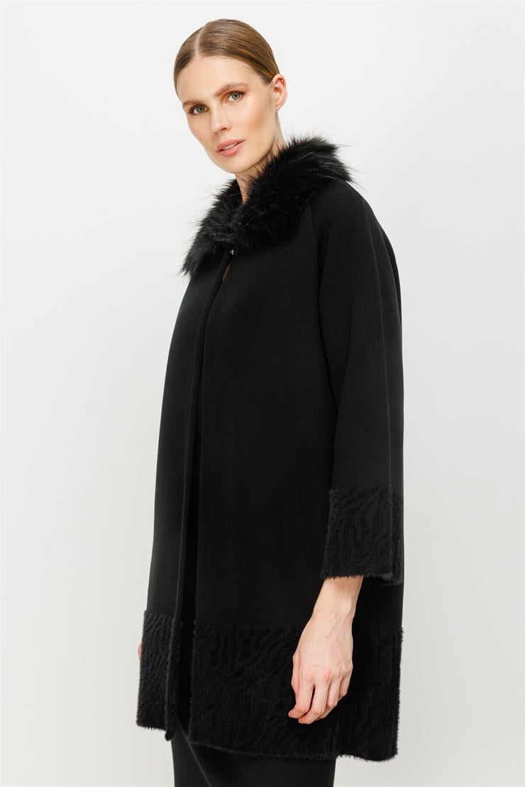 Kürk Yaka Detaylı Triko Hırka-SİYAH