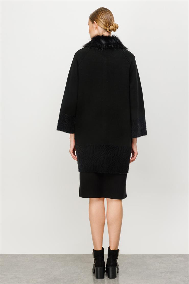 Kürk Yaka Detaylı Triko Hırka-SİYAH