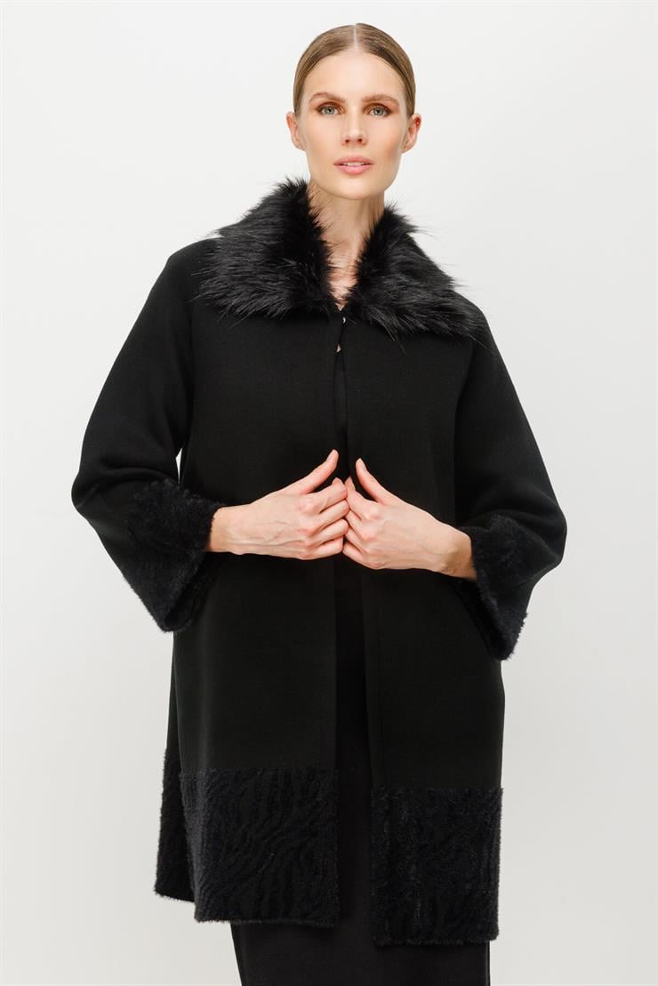 Kürk Yaka Detaylı Triko Hırka-SİYAH