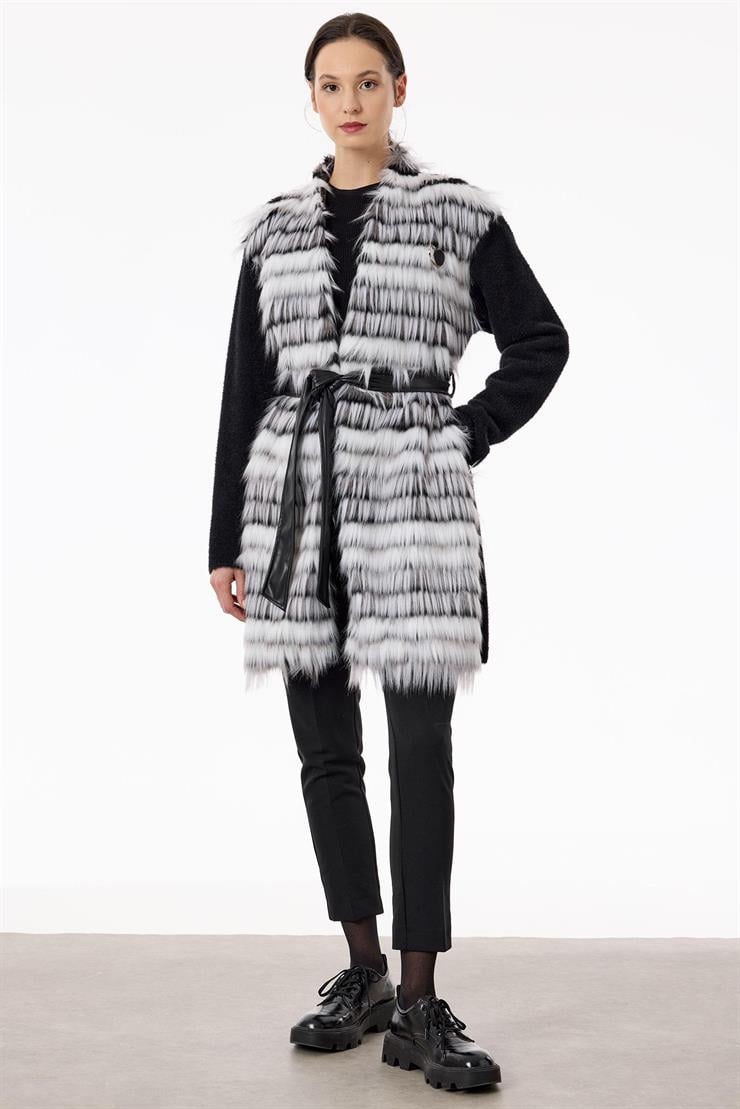 Kürklü Deri Kuşaklı Hırka SİYAH