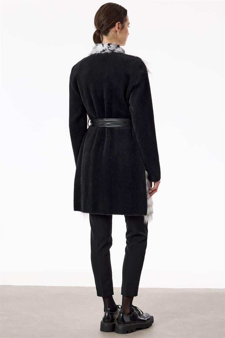 Kürklü Deri Kuşaklı Hırka SİYAH