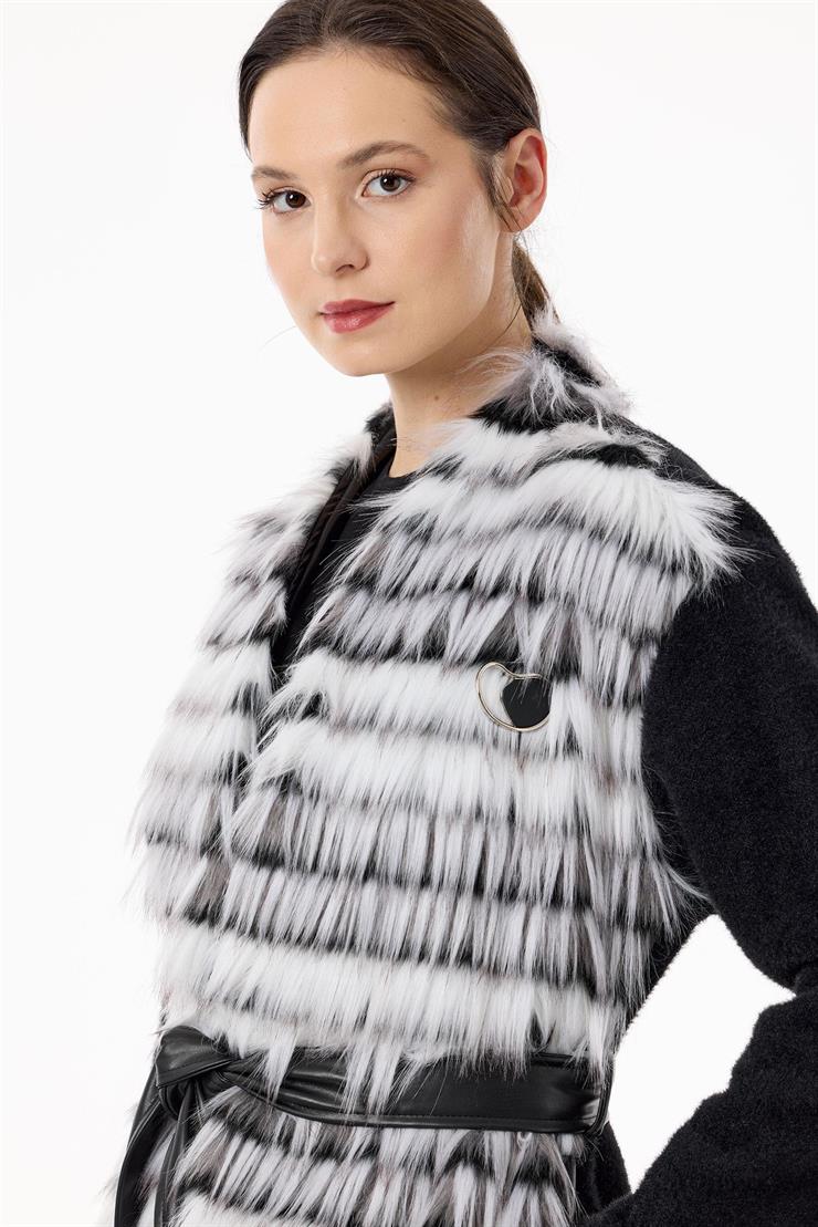 Kürklü Deri Kuşaklı Hırka SİYAH