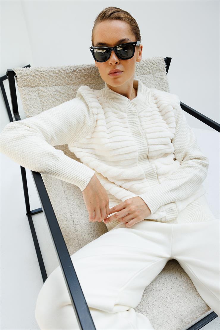 Kürklü Kısa Triko Hırka-EKRU