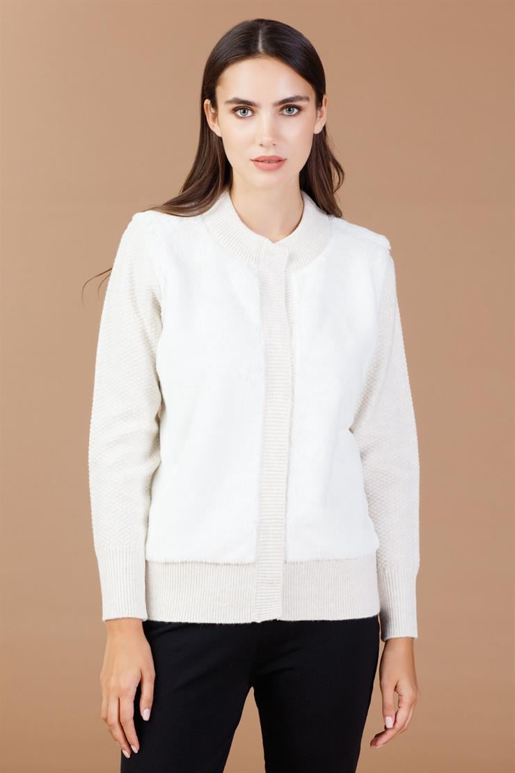 Kürklü Kısa Triko Hırka-EKRU