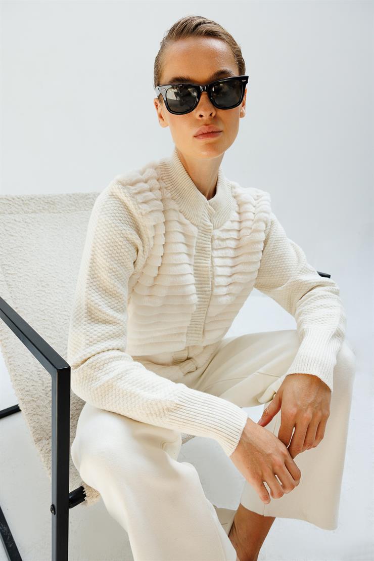 Kürklü Kısa Triko Hırka-EKRU