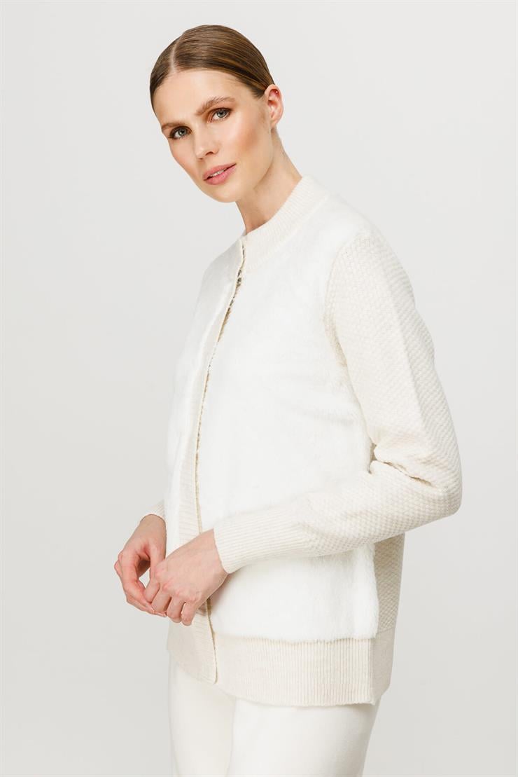 Kürklü Kısa Triko Hırka-EKRU